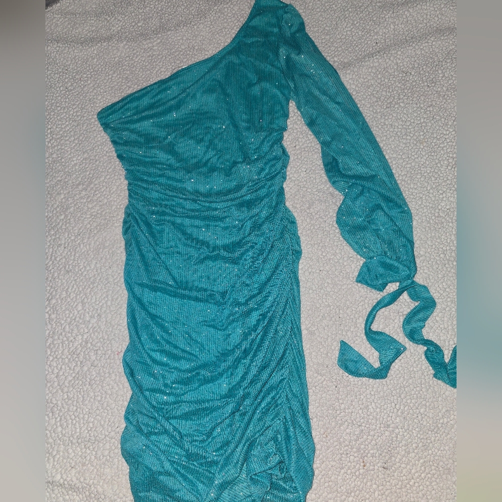 Deb Teal One-Shoulder Sparkle Ruched Dress